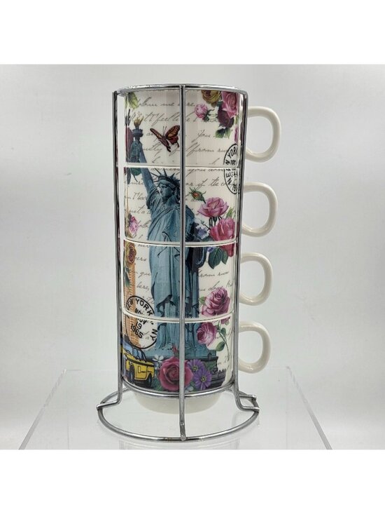 Memoriez Other - New York City Skyline Set of 4 Stacking Porcelain Mugs with a Metal Rack